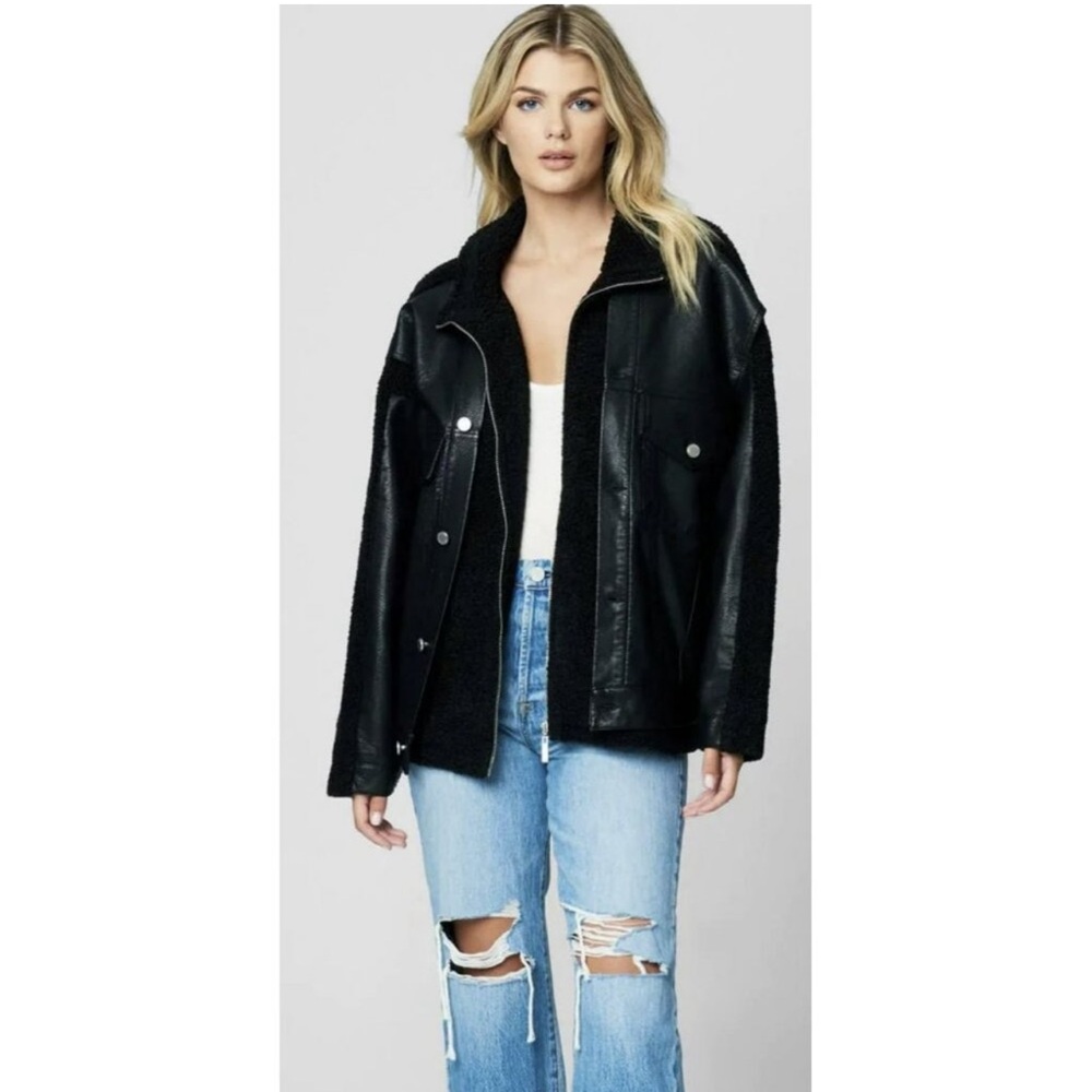 Blank NYC Sherpa Oversized Vegan Leather Black Trucker Funnel Jacket NWT